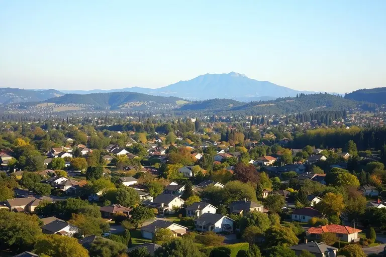 Elevated view of leafy suburban neighborhoods with Mount Diablo rising in the distance
