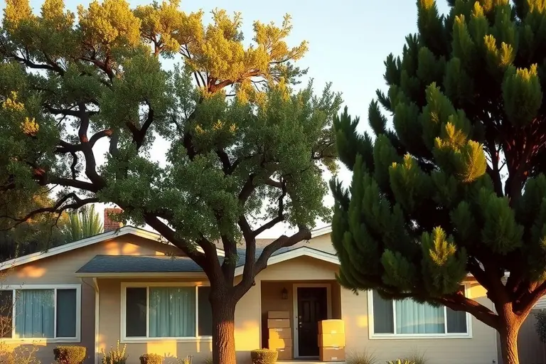 Mid-century single-story ranch home with a large front window and a mature shade tree