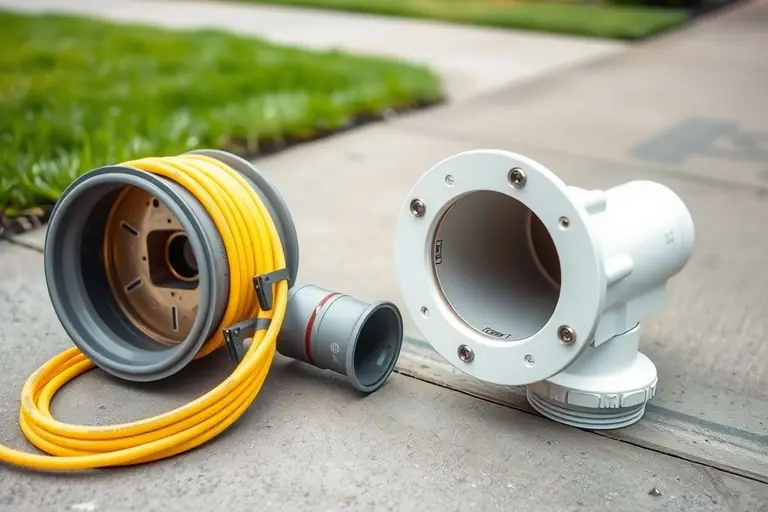 Yellow sewer camera push cable coiled on a driveway beside an open white cleanout fitting