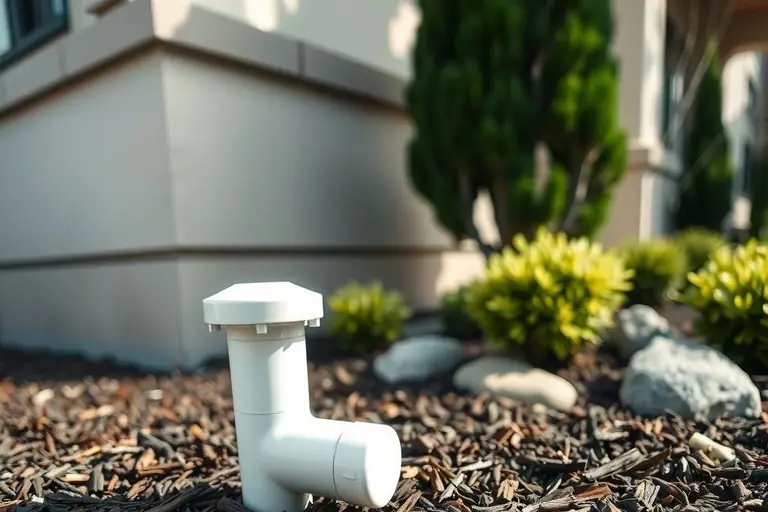 White PVC sewer cleanout riser with a round cap in a bark mulch bed beside a stucco house foundation