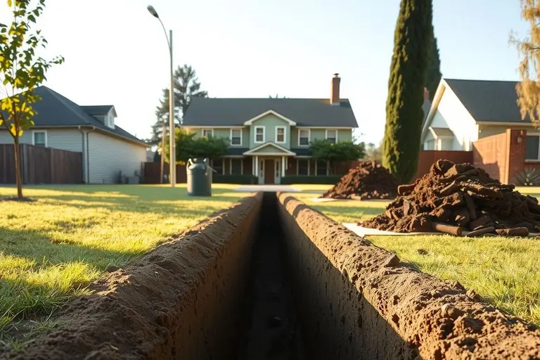 Long open trench across a front lawn leading to a house, with pieces of old clay sewer pipe at the bottom