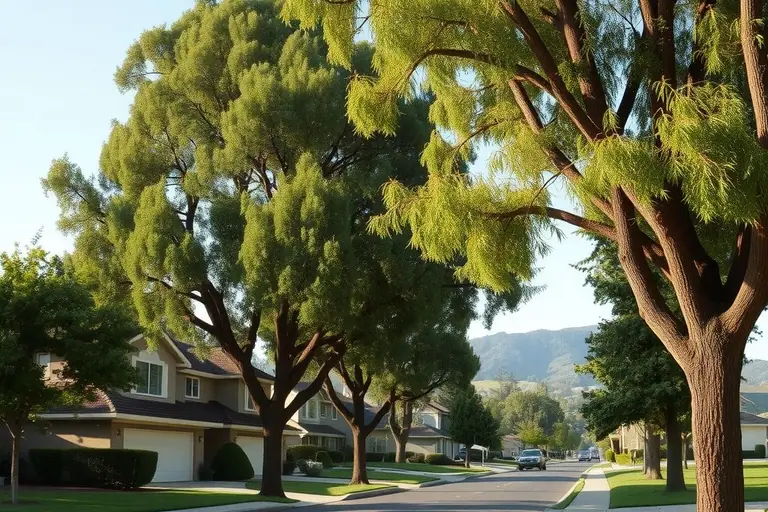 Tree-lined suburban street of two-story homes with green lawns and foothills in the distance