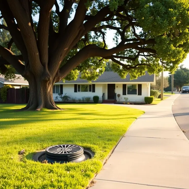 Front yard of a single-story ranch house shaded by a large oak, with a round black sewer cleanout cap set in the lawn beside the front walk