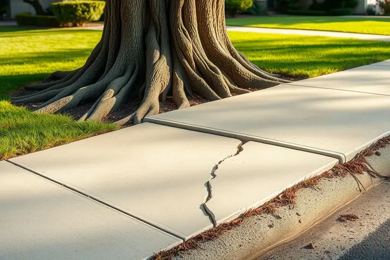 Concrete sidewalk slab lifted and cracked by the roots of a large street tree in front of a house