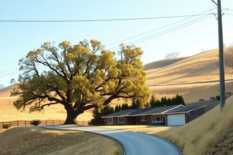 Ranch house on a sloped lot above a long curving concrete driveway, with large oaks and dry grass hills behind