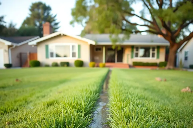 Strip of unusually green, soggy grass running across a dry lawn in front of a ranch house