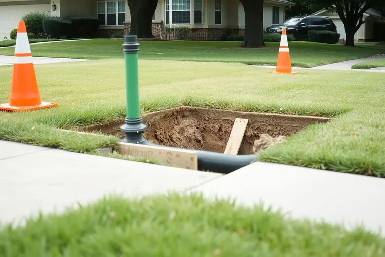 Small excavation pit in a front lawn near the sidewalk with a new black plastic pipe emerging, framed by orange traffic cones